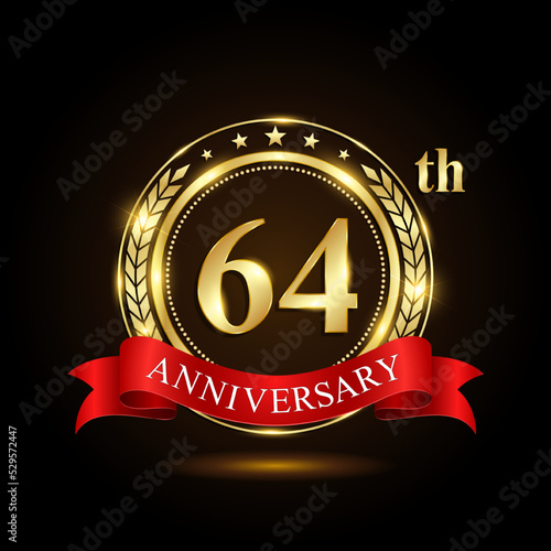 64th golden anniversary logo, with shiny ring and red ribbon, Laurel wrath isolated on black background, vector design