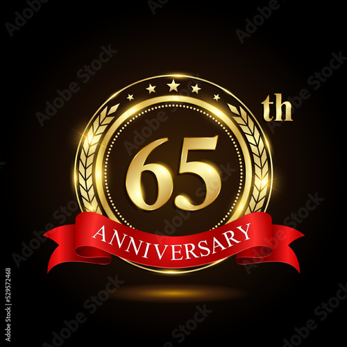65th golden anniversary logo, with shiny ring and red ribbon, Laurel wrath isolated on black background, vector design