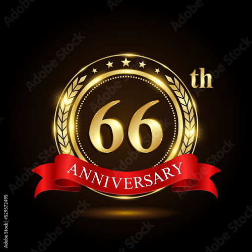 66th golden anniversary logo, with shiny ring and red ribbon, Laurel wrath isolated on black background, vector design