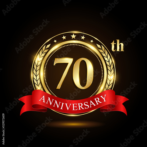 70th golden anniversary logo, with shiny ring and red ribbon, Laurel wrath isolated on black background, vector design