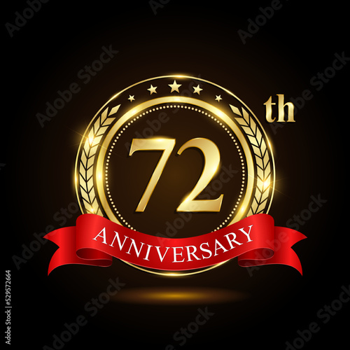 72th golden anniversary logo, with shiny ring and red ribbon, Laurel wrath isolated on black background, vector design