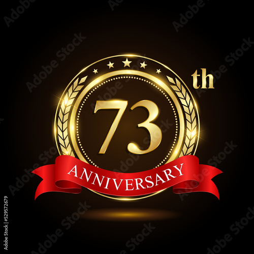 73th golden anniversary logo, with shiny ring and red ribbon, Laurel wrath isolated on black background, vector design