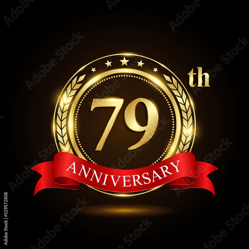 79th golden anniversary logo, with shiny ring and red ribbon, Laurel wrath isolated on black background, vector design