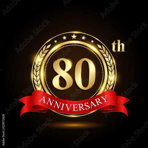 80th golden anniversary logo, with shiny ring and red ribbon, Laurel wrath isolated on black background, vector design