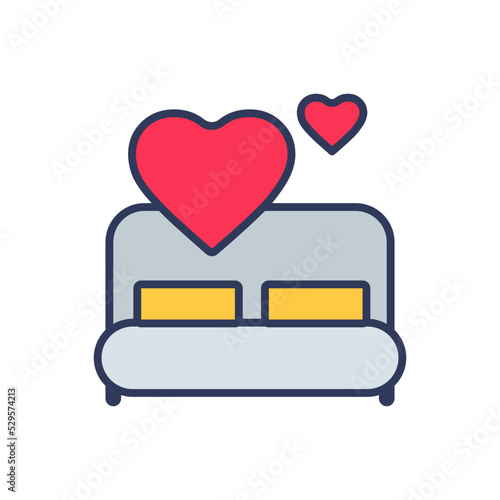 Flat filled outline valentine vector icon of bed and couple