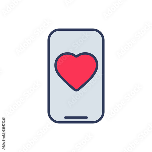 Flat filled outline valentine vector icon of smartphone and app