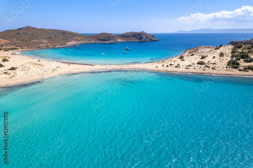Aerial view of Simos beach in Elafonisos. Located in south Peloponnese elafonisos is a small island very famous for the paradise sandy beaches and the turquoise waters.