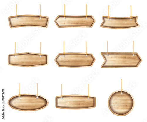 Fototapeta Naklejka Na Ścianę i Meble -  Wooden signs hanging on a rope and chain, With price tags labels collection sale banners design