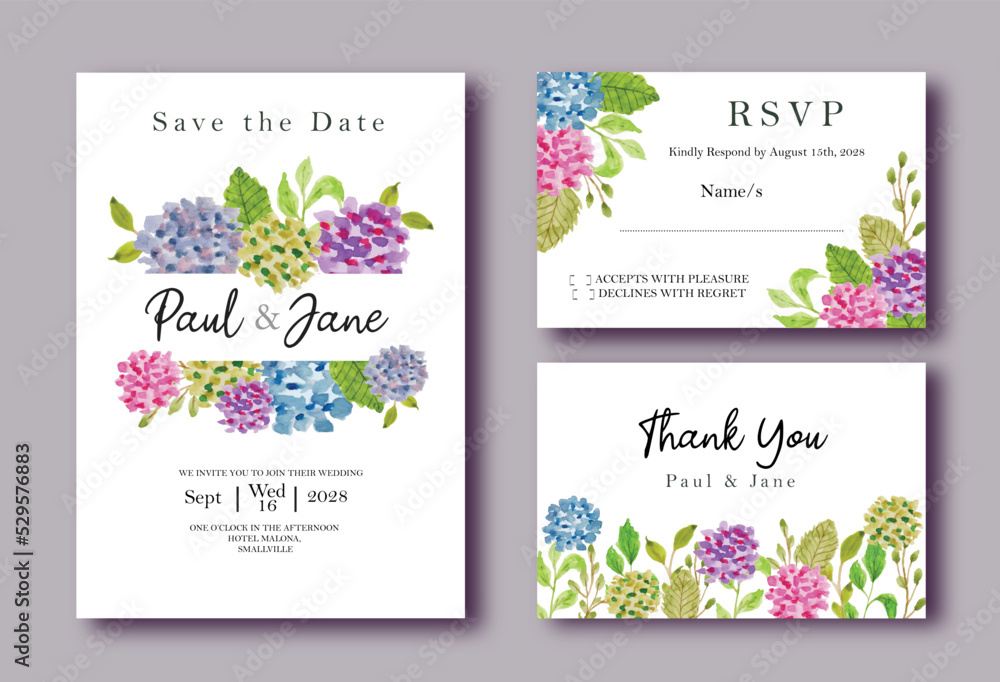 wedding invitation template with hydrangea flowers watercolor design