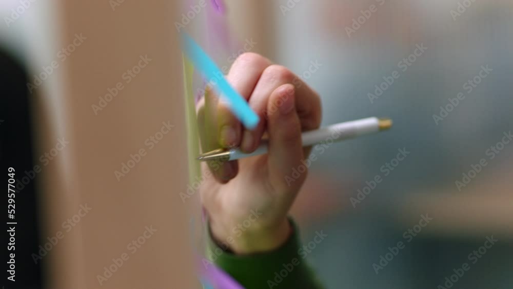 Sticky note planning strategy, brainstorming and writing person hand for a creative project idea, inspiration or working on startup business. Worker schedule date reminder on post it note moodboard