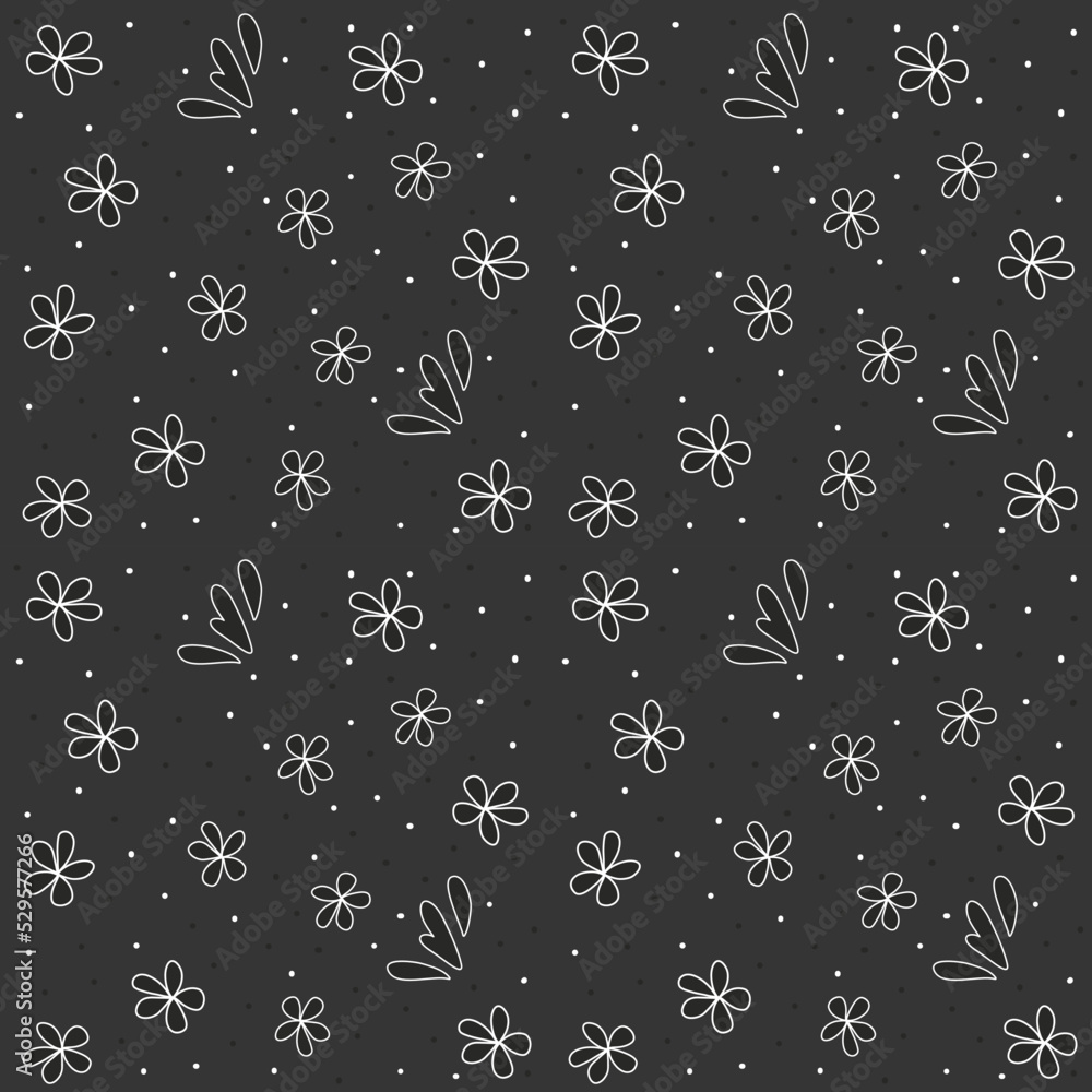 Seamless pattern with blossoms on a dark background. The effect of white chalk on a dark board. White, black print. Design for fabrics, textiles, vep sites, applications, printed products, packaging.
Seamless pattern with blossoms on a dark background. The effect of white chalk on a dark board. White, black print. Design for fabrics, textiles, vep sites, applications, printed products, packaging.