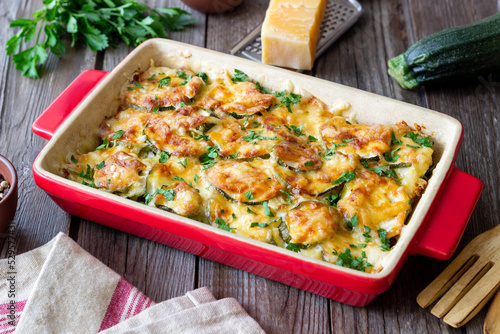 Casserole with zucchini and cheese. Healthy eating. Vegetarian food.
