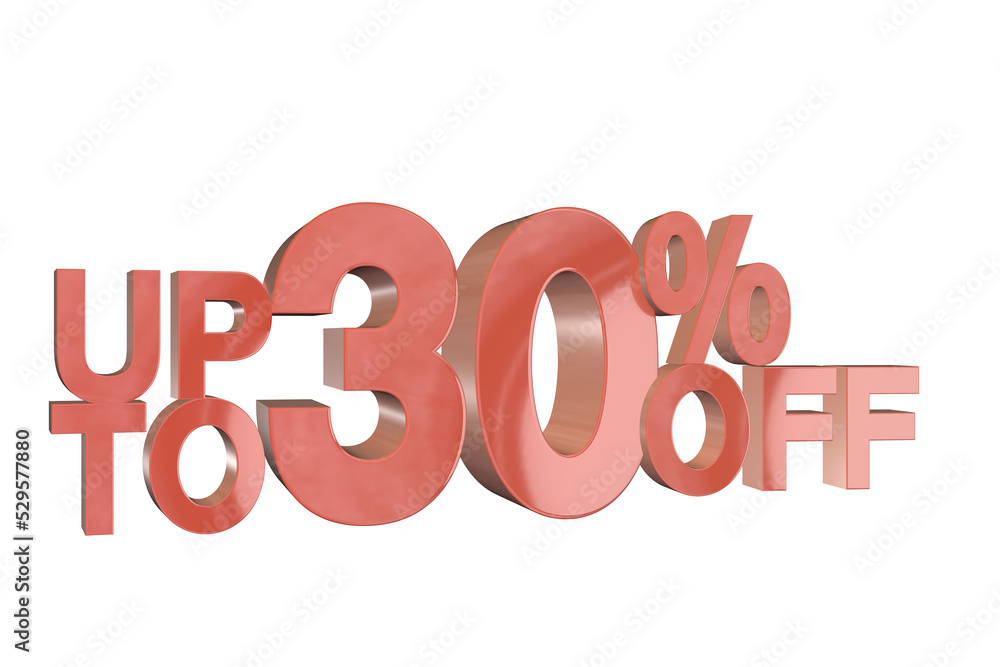 3D rendered discount banner marketing sign showing minus - up to upto 30% percent off