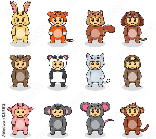 Illustration of cute kids wearing animal costumes. Child mascot with clothes. Set of kids in cute animal costumes. Funny Children Waering Animal Costumes