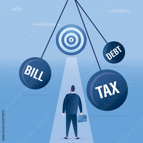 Businessman is on way to reaching his goal. Various obstacles on way to success. Balloons with inscriptions - taxes, debts, bills hinder successful development of an enterprise or startup.