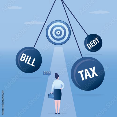 Businesswoman is on way to reaching his goal. Various obstacles on way to success. Balloons with inscriptions - taxes, debts, bills hinder successful development of an enterprise or startup.