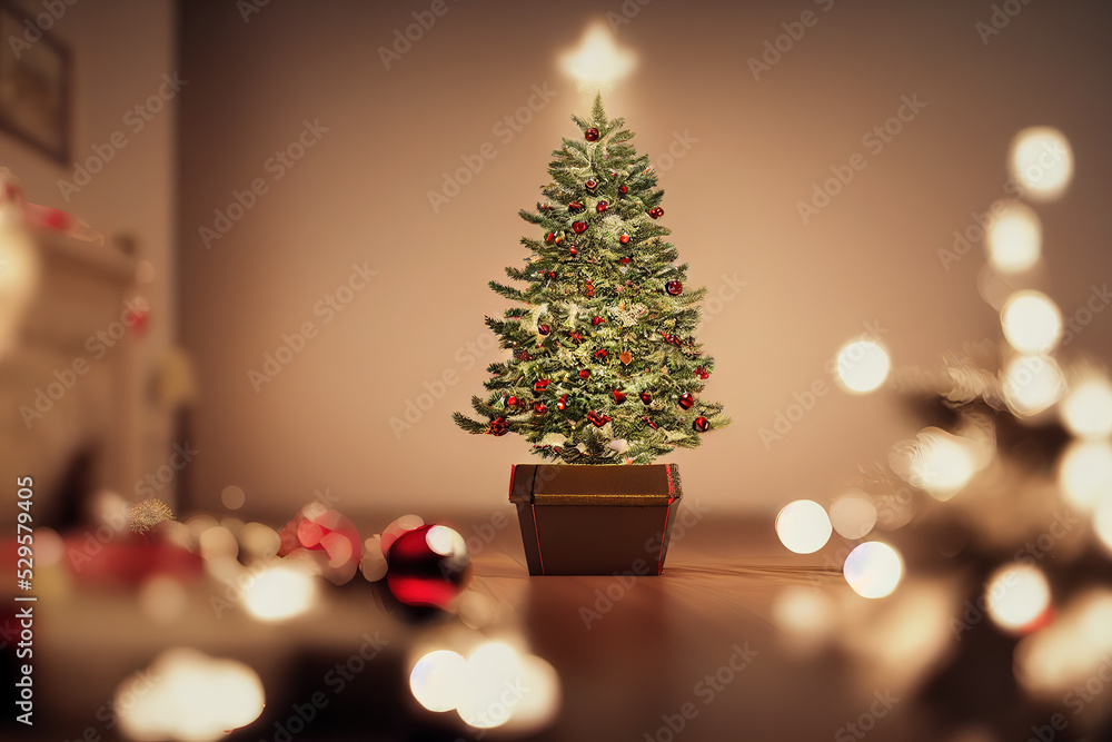 3d illustration of christmas tree with bokeh light in room