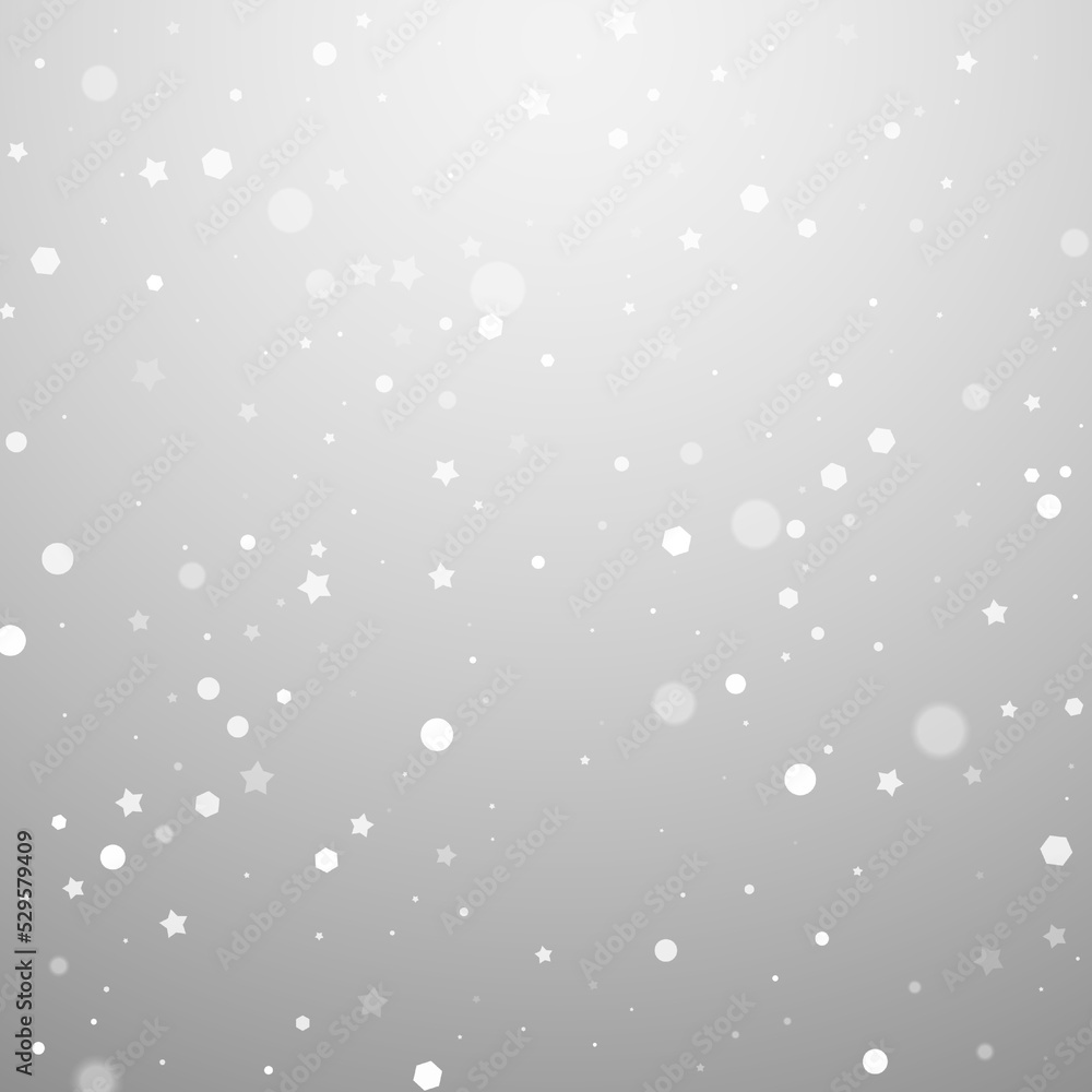 Christmas falling snow background. Subtle flying snow flakes and stars. Festive winter silver snowflake overlay template. Vector illustration Christmas falling snow background. Subtle flying snow flakes and stars. Festive winter silver snowflake overlay template. Vector illustration