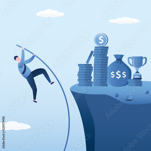 Confident businessman is pole vaulting upward to cliff. Risk management. Money gap. Successful path to wealth, high earnings. Development of skills for high incomes. Career ladder.