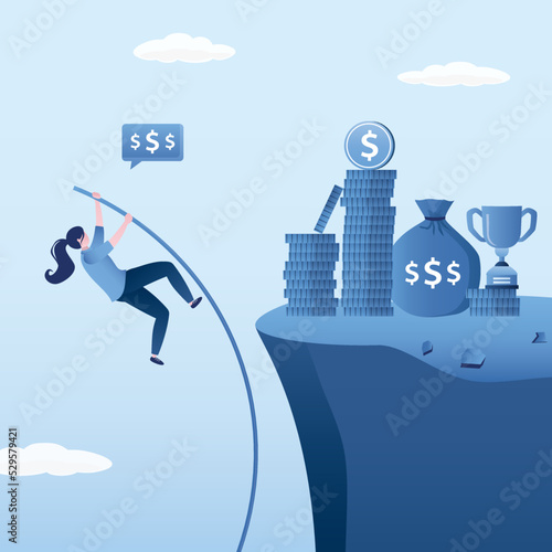 Confident businesswoman is pole vaulting upward to cliff. Risk management. Money gap. Successful path to wealth, high earnings. Development of skills for high incomes. Career ladder.