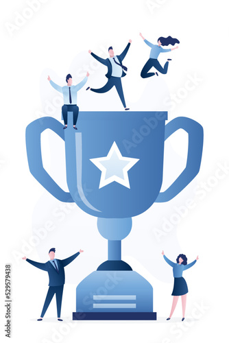 Award ceremony. Group of winners jumping on big cup. Happy business people with reward, team on top. First place. Successful Business team, teamwork. Prize after competition.