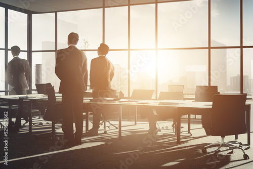 3d illustration of people working in office with windows in floor and city view and sunset light