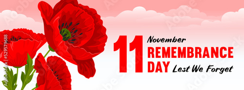 Remembrance Day banner. Lest We forget. Horizontal banner with cartoon red poppy flowers, international symbol of peace, and lettering on pink sky background with clouds. Vector Illustration