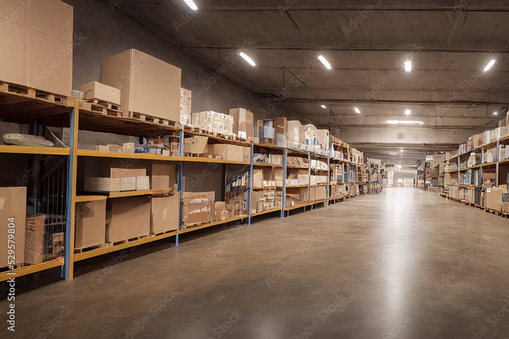 3d illustration of Interior of modern warehouse storage full of boxes