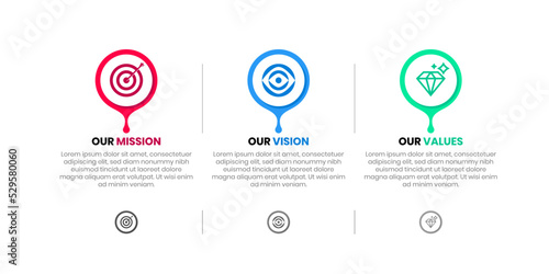 Mission, Vision and Values of company with text. Company infographic editable Banner template. mission vision value abstract modern vector icon Illustration.