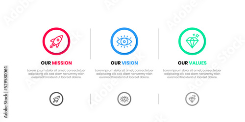 Mission Vision Values infographic Banner template. Company goal infographic design with  Modern flat icon design. vector illustration infographic icon design banner.