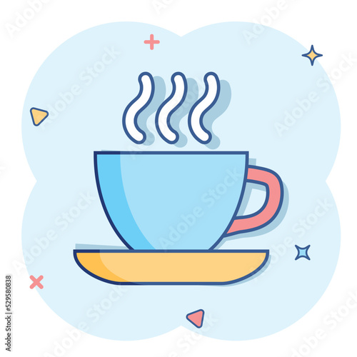 Coffee, tea cup icon in comic style. Coffee mug vector cartoon illustration pictogram. Drink business concept splash effect.