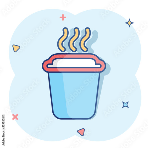 Coffee, tea cup icon in comic style. Coffee mug vector cartoon illustration pictogram. Drink business concept splash effect.