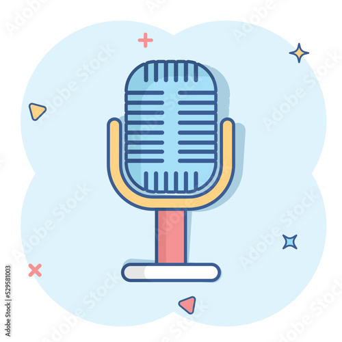 Microphone icon in comic style. Mic broadcast vector cartoon illustration pictogram. Microphone mike speech business concept splash effect.