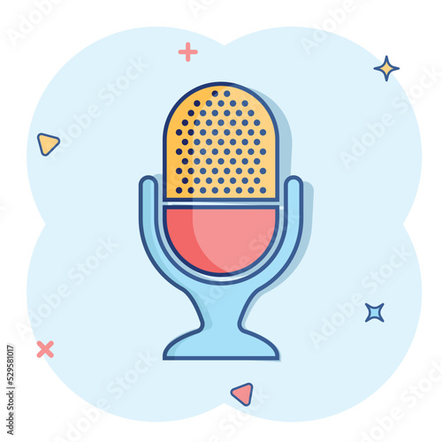 Microphone icon in comic style. Mic broadcast vector cartoon illustration pictogram. Microphone mike speech business concept splash effect.