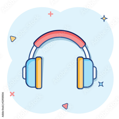 Headphone headset icon in comic style. Headphones vector cartoon illustration pictogram. Audio gadget business concept splash effect.