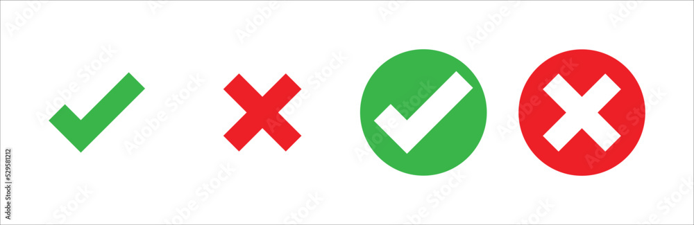 Checkmark, red cross mark icon set. Isolated tick symbols, checklist signs. Flat and modern checkmark design, vector illustration. Checkmark, red cross mark icon set. Isolated tick symbols, checklist signs. Flat and modern checkmark design, vector illustration.