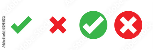 Checkmark, red cross mark icon set. Isolated tick symbols, checklist signs. Flat and modern checkmark design, vector illustration.