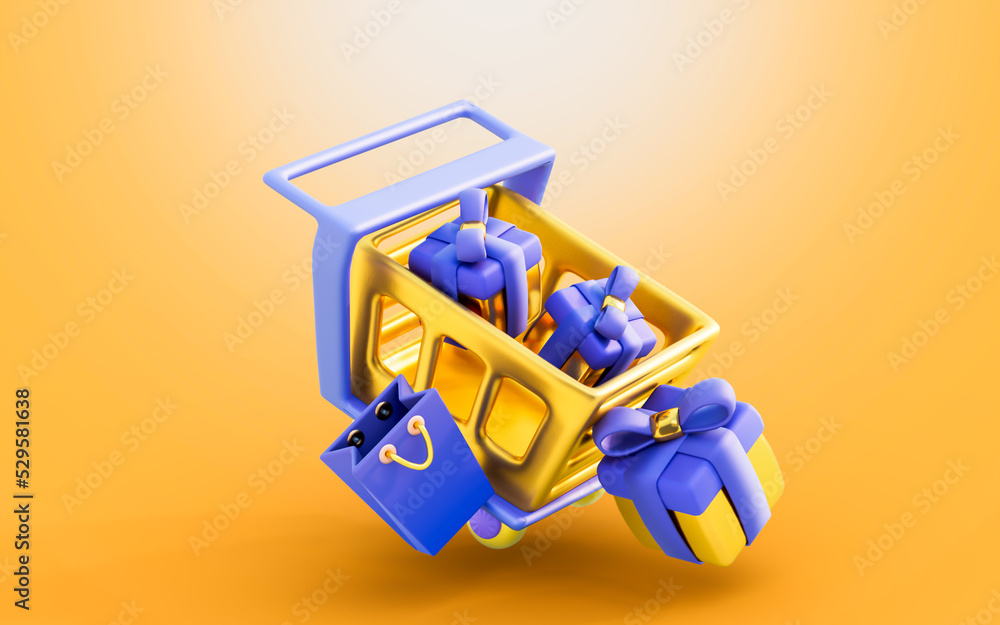 shopping cart with gift box bag sign 3d render concept for shopping product parcel marketing shopping cart with gift box bag sign 3d render concept for shopping product parcel marketing