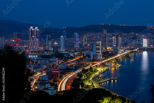 Bayrakli  Karsiyaka  Izmir  Turkey   May 2  2022  View of Izmir Bay in the evening from the high hill of Bayrakli. Long exposure  low light.