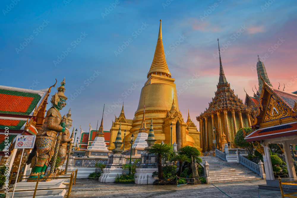 Wat Phra Kaew, Bangkok landmark of Thailand. Temple of the Emerald Buddha at twilight. Landscape of beautiful architecture in Bangkok.