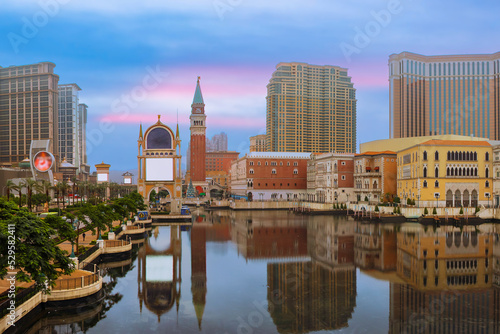 Macau cityscape. Landscape of Macau business building with reflection with blue sky. Macaw city at dusk.