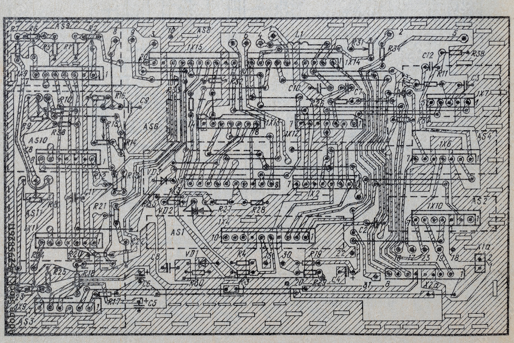 Obraz premium Old radio circuit printed on vintage paper electricity diagram as background for education, electricity industries and repair. Electric radio scheme from USSR