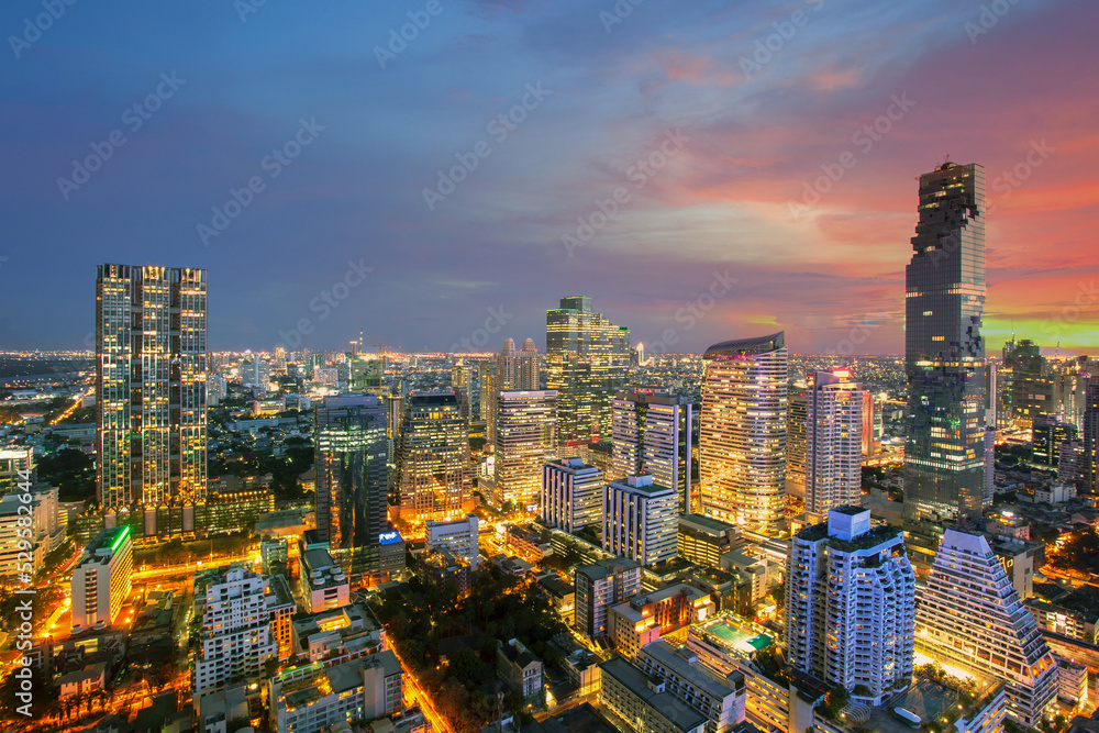 Bangkok Cityscape, Modern High building in Business district at dusk. Day to night of Bangkok city concept. (Thailand)