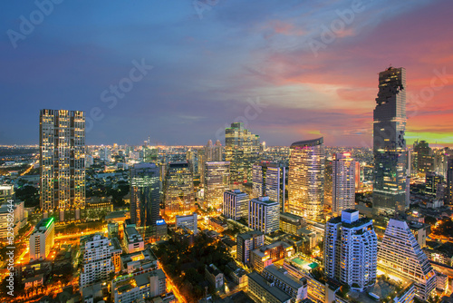 Bangkok Cityscape  Modern High building in Business district at dusk. Day to night of Bangkok city concept.  Thailand 
