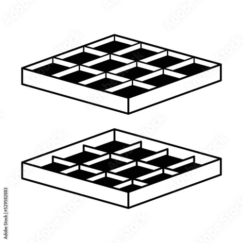 Wooden box for sorting and storage. Packing for transportation and delivery of various goods. Cardboard box with compartments. Illustration in flat graphic style.