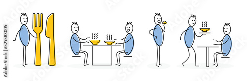 Set of people eating symbol. Containing stickman or stick figure with fork and knife, eat on table and waiter serving food in graphic design. Restaurant concept.