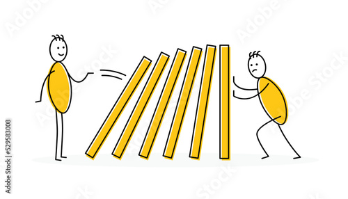 Stickman stop falling domino effect. Business resilience concept. Vector illustration.