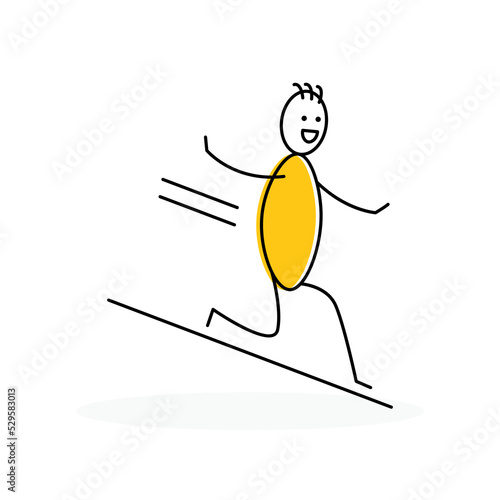 Stickman slide down a slope and have fun. Vector illustration.