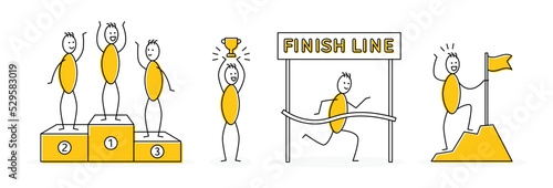 Set of winner vector doodle stickman illustration, containing champion on podium, winner holding trophy, stick figure runner on the finish line, achievement on top of mountain with flag.