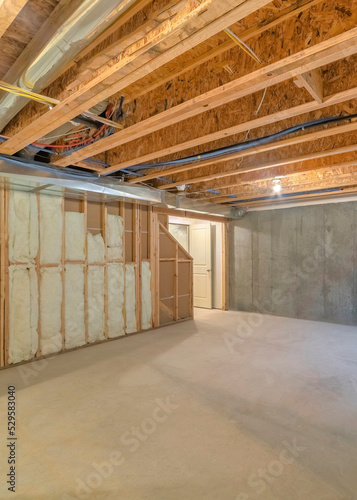 Vertical Unfinished basement with a plastic vapor barrier on the wall